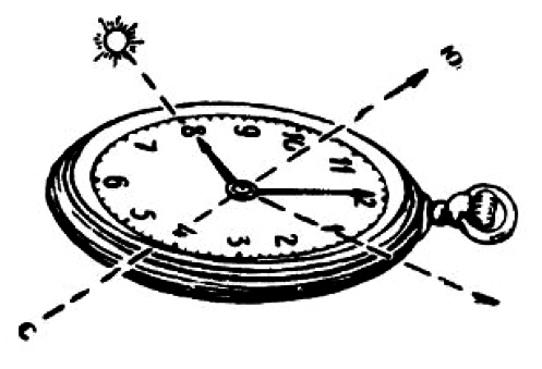 Определение на местности направления север-юг без компаса, по солнцу, солнцу и часам, луне, луне и часам, и звездам.