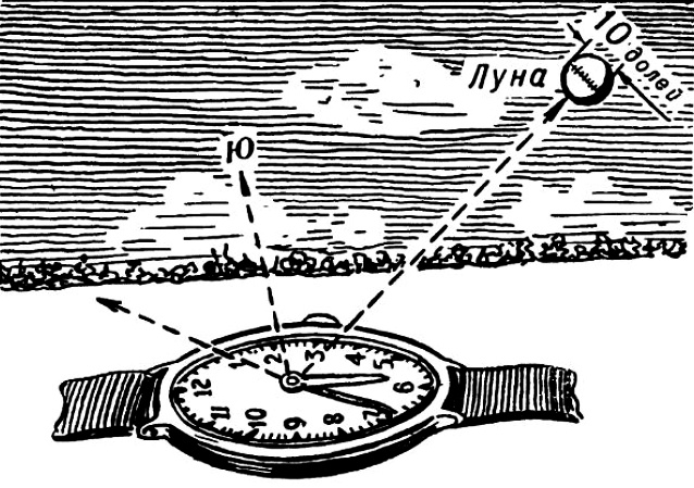 Определение на местности направления север-юг без компаса, по солнцу, солнцу и часам, луне, луне и часам, и звездам.