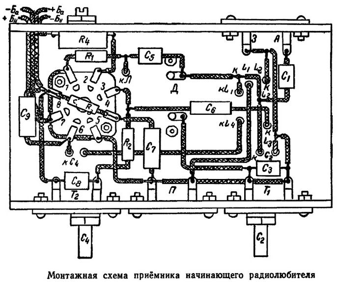 Одноламповый и двухламповый радиоприемник, конструкция, детали, принципиальные и монтажные схемы, питание, цоколевка радиоламп.