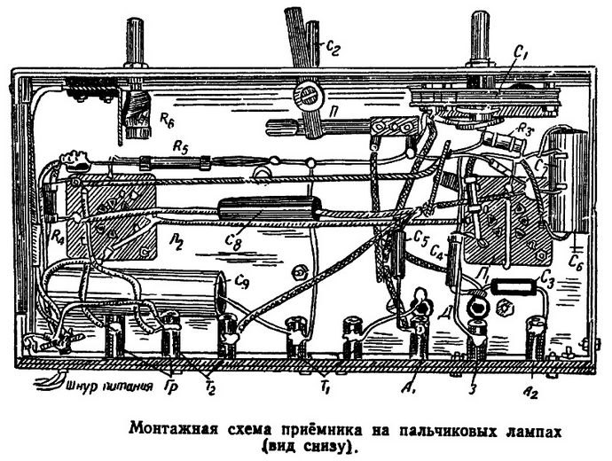 Одноламповый и двухламповый радиоприемник, конструкция, детали, принципиальные и монтажные схемы, питание, цоколевка радиоламп.