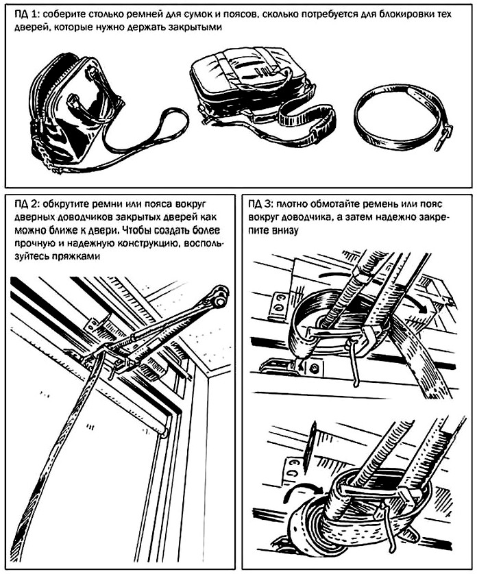 Баррикадирование доводчика двери при помощи брючного ремня, ремня от дамской сумочки, куска веревки или шпагата