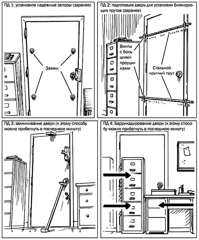 Баррикадирование дверей открывающихся внутрь и наружу, изготовление самодельного замка для двери, использование подручных средств