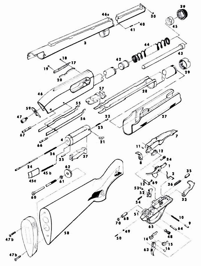 Перечень деталей помпового ружья Remington 870 и 870 Super Magnum