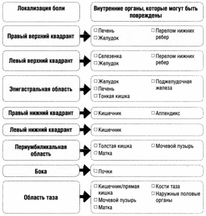 Ниже представлено общее руководство, касающееся локализации боли и поврежденных внутренних органов