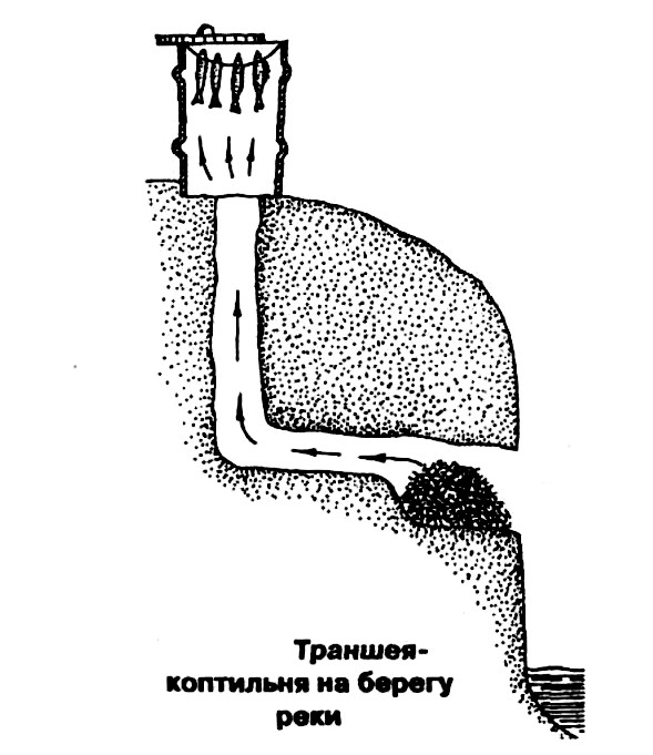 Простая траншея-коптильня на берегу реки